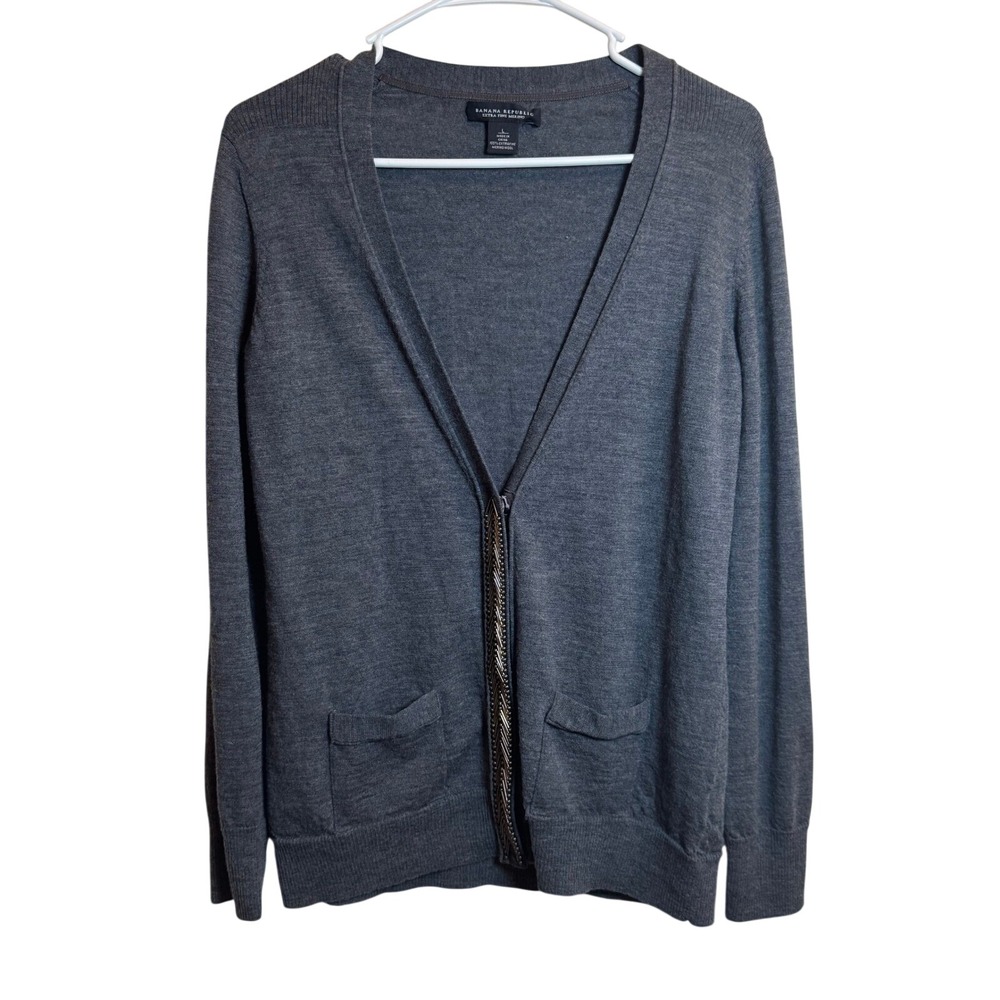Banana Republic Womens L Extra Fine Merino Wool‎ Cardigan Sweater Charcoal Gray